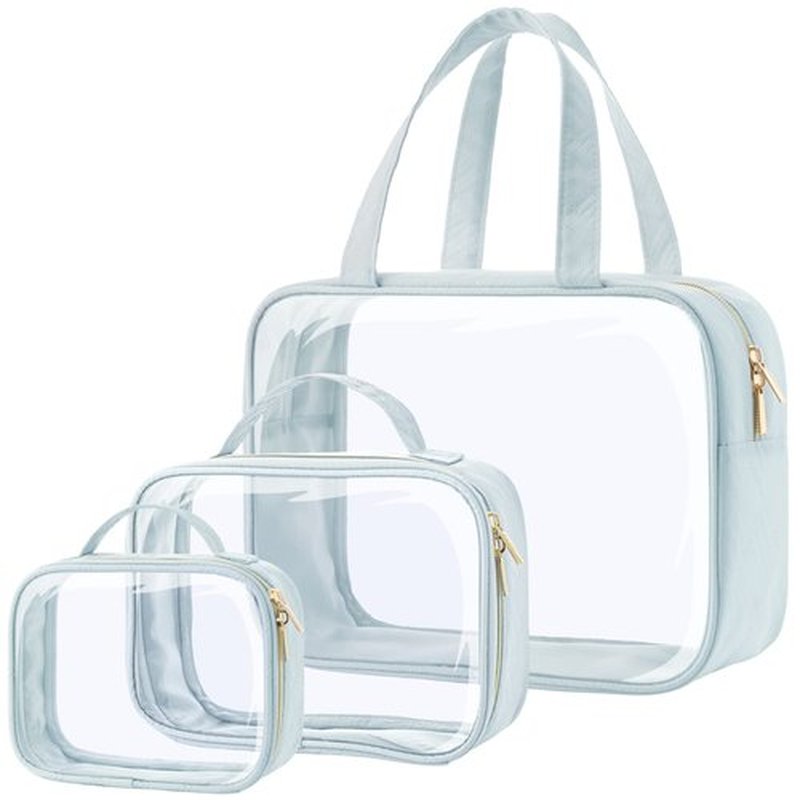 PACKISM Clear Toiletry Bags, 3 Pack Clear Makeup Bags with Handle Large Opening, Waterproof Clear Cosmetic Bags Fit Carry-on Travel Essentials, Travel Accessories Clear Travel Bags, Grayish Blue