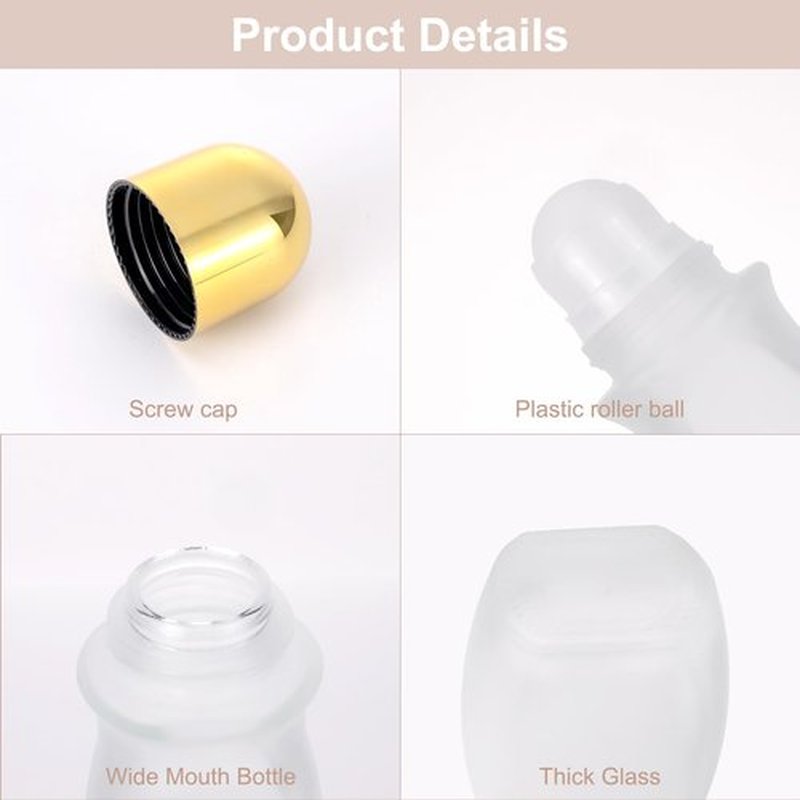 Kesell 2PCS 50 ml Frosted Clear Glass Roll On Bottles with Plastic Roller Ball Empty Deodorant Roller Bottle Essential Oil Bottle Container for Perfume (Gold Cap and 1pcs Opener)