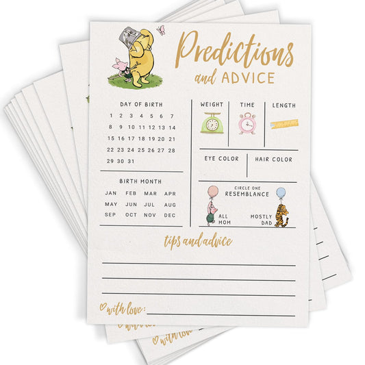 Printed Party Baby Predictions & Advice Cards – Classic Pooh Theme, Winnie Baby Shower Game for Guests, Gender Reveal Activity for Boy or Girl Activity, 30 Pack