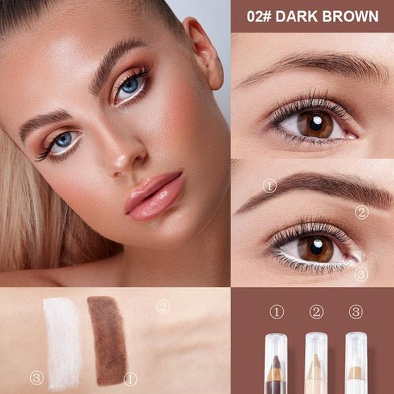 Eyebrow Pencil Eyebrow Lift Highlighting Pencil, Contour Pencil Set Highlighter Stick, Eyeliner, -3 Eye Makeup Pencil Set, Fill & Define Eyebrows, For Women (02# Dark Brown)