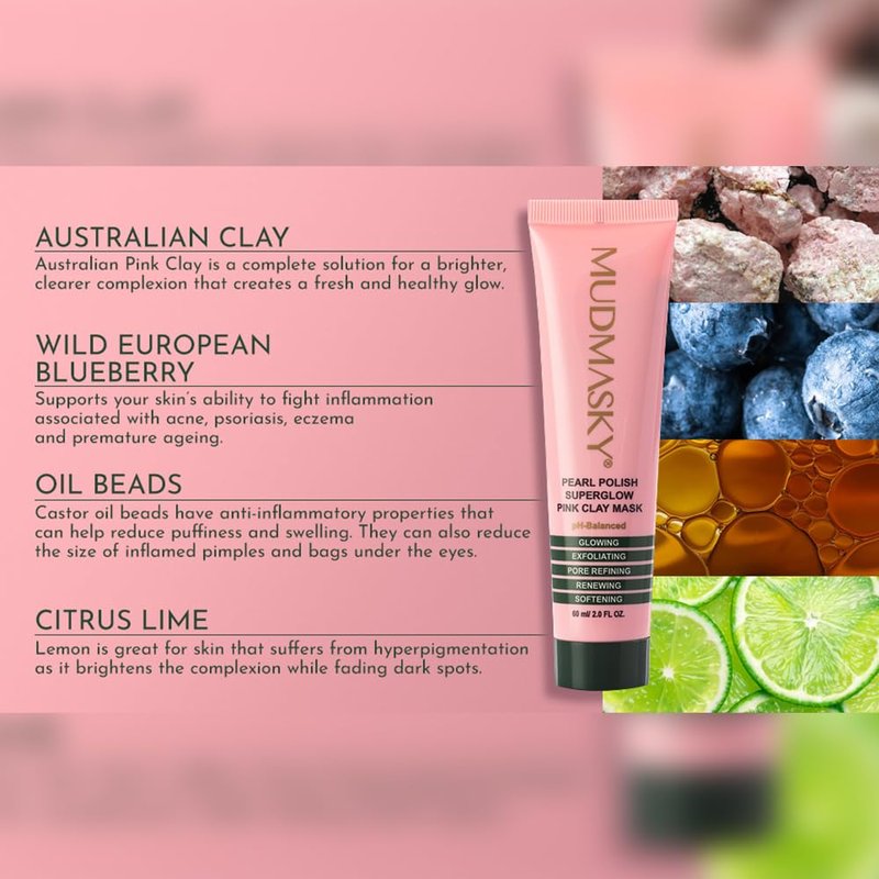Pearl Polish Pink Clay Mask - Superglow Formula with A+ Grade Australian Clay | 2.0 OZ