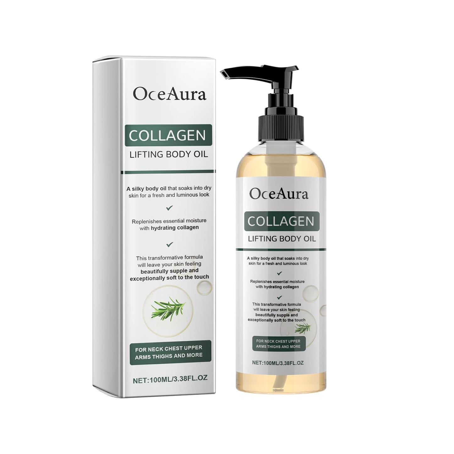 Collagen Lifting Body Oil with Hydrating Formula for Neck, Chest, Arms, Thighs, 3.38 Fl Oz, Silky Texture for Fresh and Luminous Skin