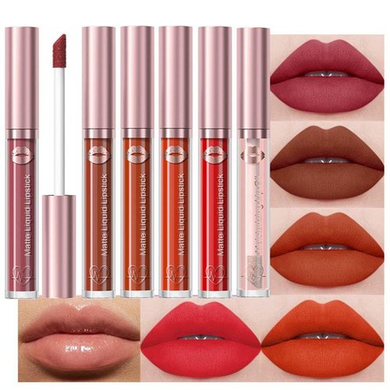 JUAAZIN 5Pcs Matte Liquid Lip Sticks + 1Pcs Liquid Lip Oil Set, Wine Dark Brown Sienna Firebrick Mordant Red Lipstick Set, Rich Colors Long-Lasting Wear Not Fade Waterproof Lip Gloss(set3