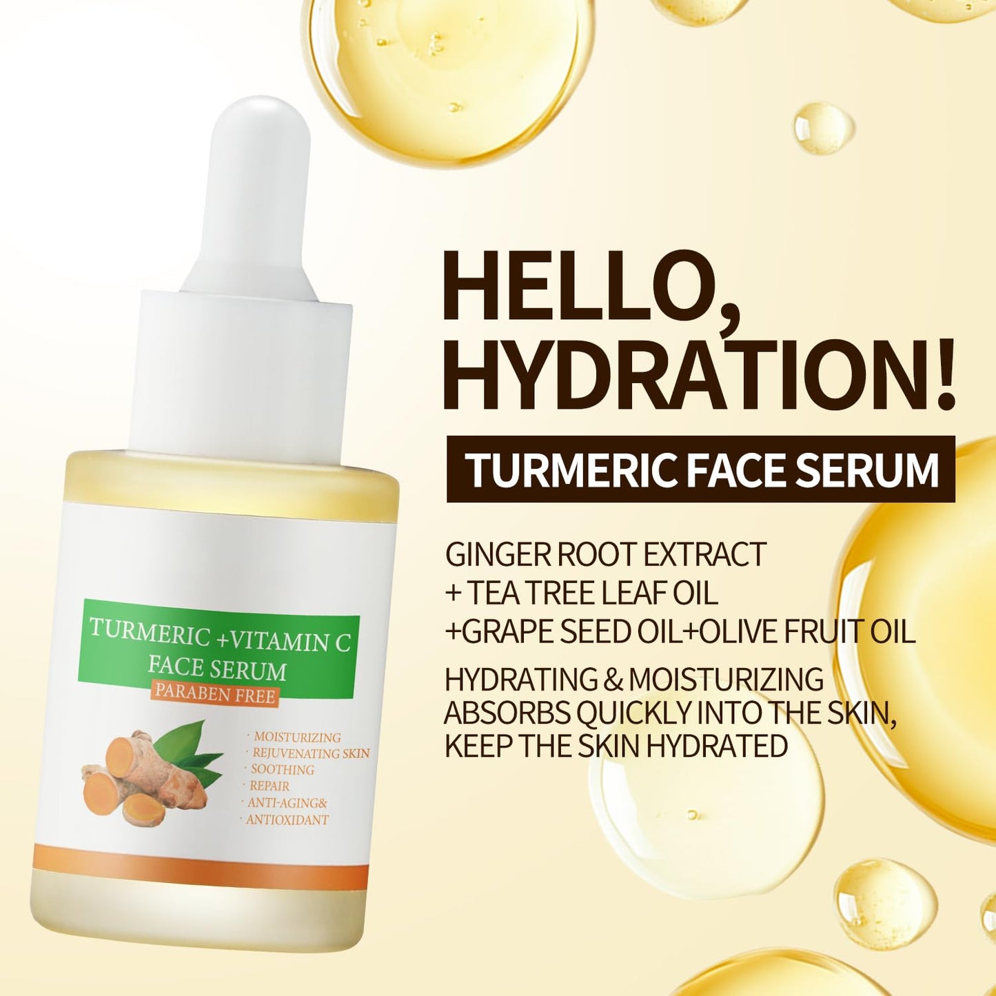 Turmeric Vitamin C Face Serum For Women, Hydrating Serums For Face With Ginger For Dull Skin,Sun Damage, Fine Lines, For Plumper, Smoother Skin, Clarifying 30ml