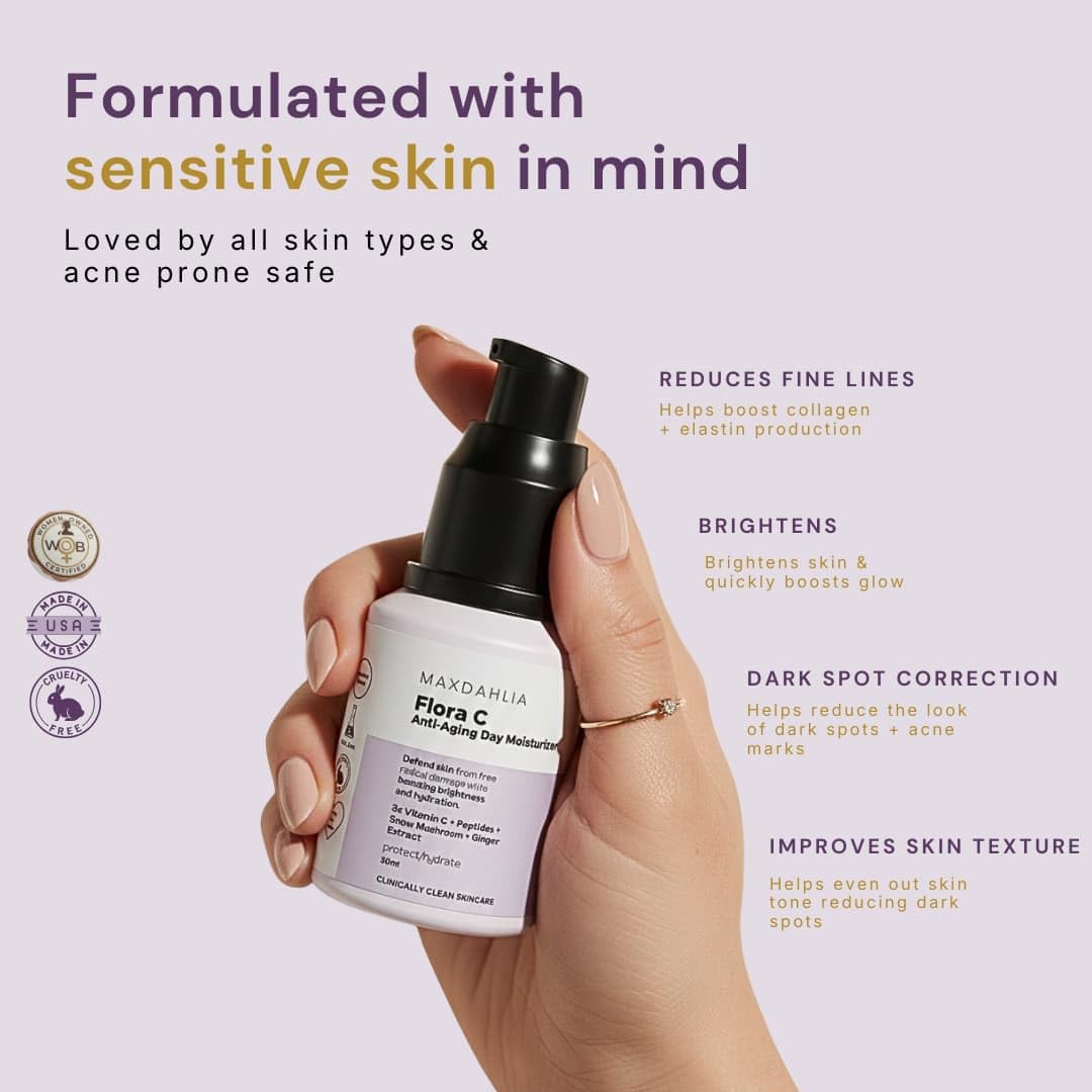 MAXDAHLIA Flora C Anti-Aging Day Moisturizer – 20% Vitamin C Face Cream with Peptides + Matrixyl 3000, Hyaluronic Acid – Brightening, Firming, Hydrating Daily Moisturizer for Radiant, Even-Toned Skin