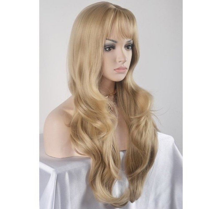 BERON 27 Inches Blonde Wig Long Wavy Wig Ash Blonde Wigs with Bangs for Women Gold Blonde Wig Synthetic Wig with Wig Cap
