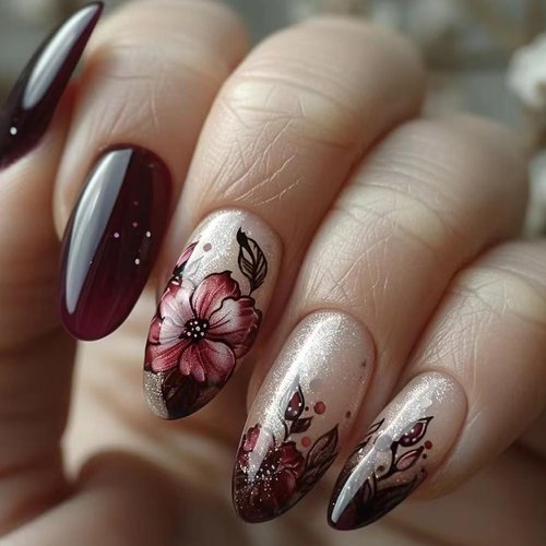 Fall Press on Nails Almond Medium Brown Fake Nails with Designs Flower False Nails Press Ons Glossy Full Cover Artificial Acrylic Glue on Nails Almond Floral Stick on Nails for Women Girls 24PCS