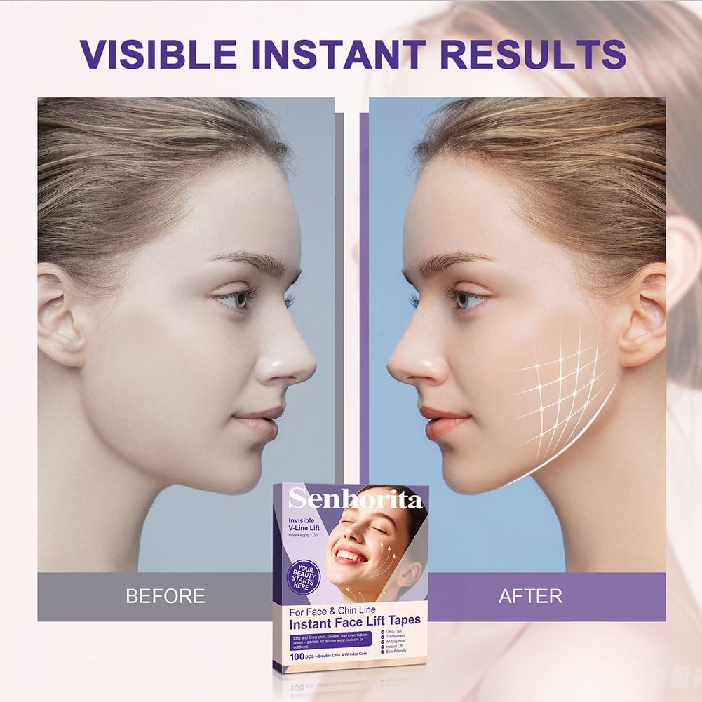 Zcotsu Face Lift Tape 100Pcs – Instant Face Lifting Tape, Invisible Strips to Hide Double Chin, Smooth Wrinkles & Lift Saggy Skin, Waterproof & Elastic