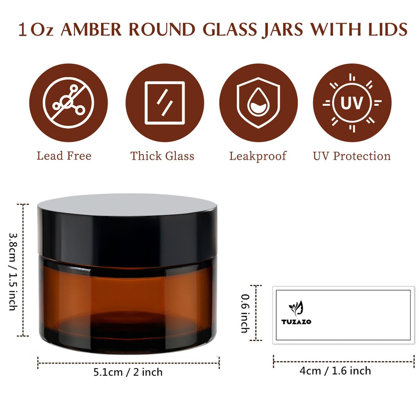 TUZAZO Thick Amber 1 oz Glass Jars with Lids & Inner Liners, 4 Pack Small Amber Glass Jar Travel Containers for Cosmetics, Cream, Lotion | Essential oil Beauty Products | Candle Making Jar