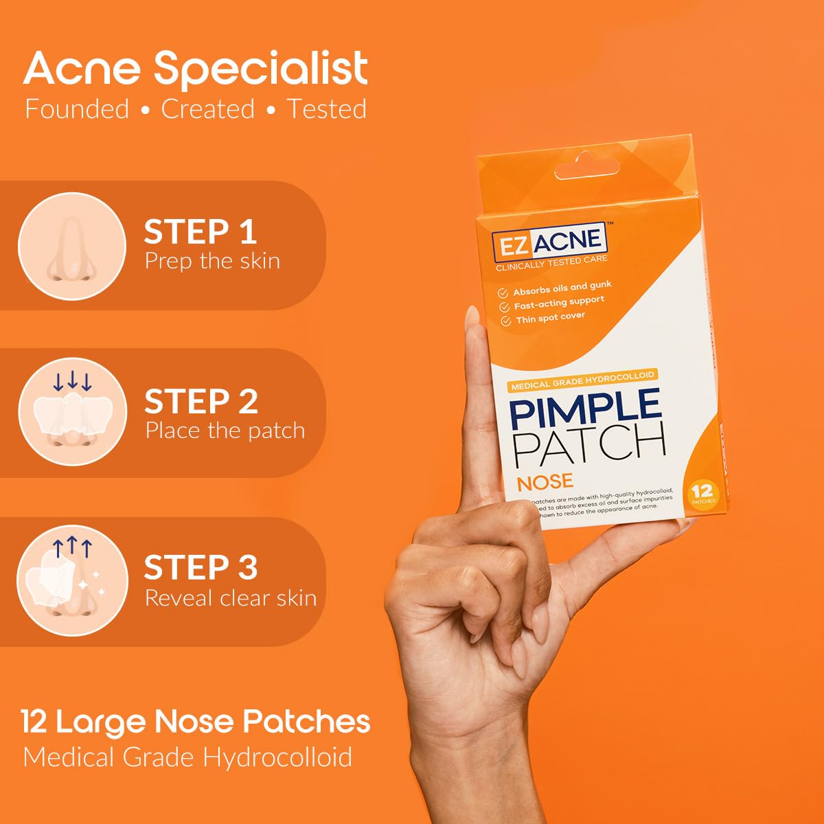 EZACNE™ Pimple Patches for Nose – Hydrocolloid Nose Pimple Patches for Zits, Blemishes & Excess Oil – Overnight Pore & Whitehead Nose Strips (12 Count)