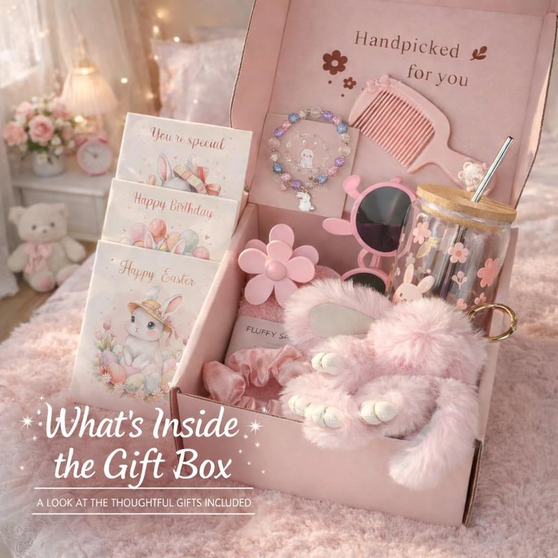 Easter Gifts for Teen Girls, Bunny Gift Basket with Tumbler, Socks, Scrunchie, Bracelet, Sunglasses & Plush Bunny, Cute Pink Gift Box Self Care Gift Set