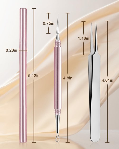 SGNEKOO Professional Facial Milia Removal Tool and Whitehead Extractor,Titanium Alloy Double Ended Needle and Steel Tweezers Kit,Blackhead,Blemish,Zit and Pimple Acne Remover Popper (Stainless Pink)