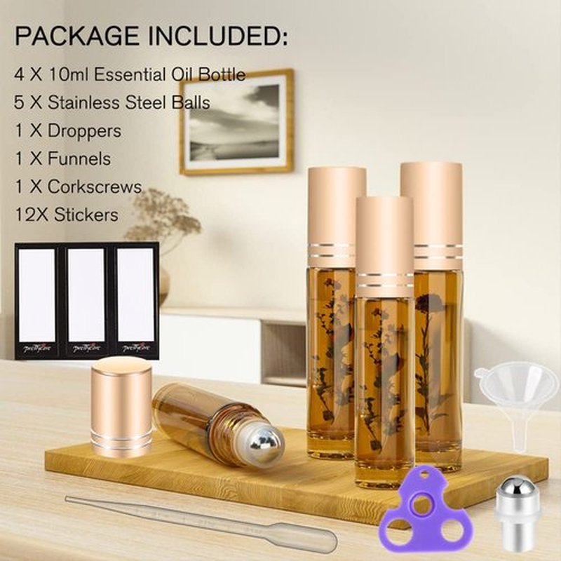 PrettyCare Essential oil Roller Bottles for Oils 10ml Glass Amber Perfume Bottles Empty with Extra Roller Balls, Opener, Funnel, Pipette, Labels, 4pack Roll on Bottles