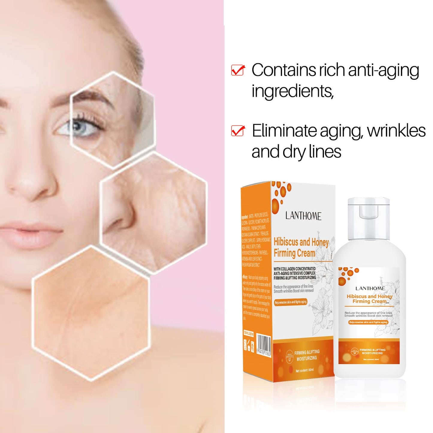 Lanthome Hibiscus and Honey Firming Cream(60ML), Neck Firming Skin Tightening Cream With Collagen & Hyaluronic Acid, Reduces the Look of Neck Lines,Tightens,& Smooths