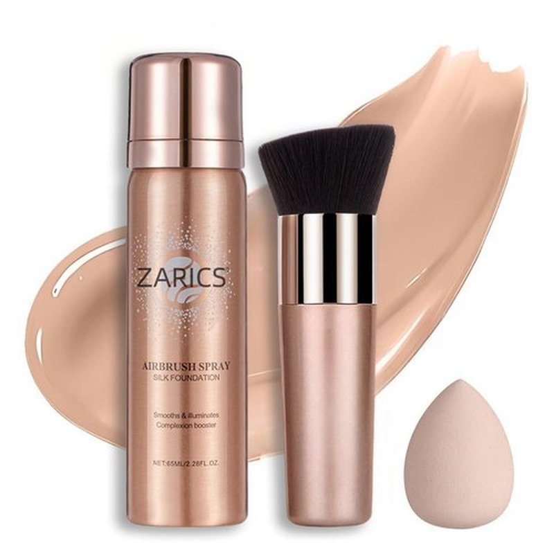 Silk Airbrush Foundation Spray with Buffing Brush, Buildable Coverage, Long Lasting Waterproof, Medium, Airbrush Makeup Foundation for Smooth Radiant Skin, Concealer (Medium, 2.28 Fl Oz)