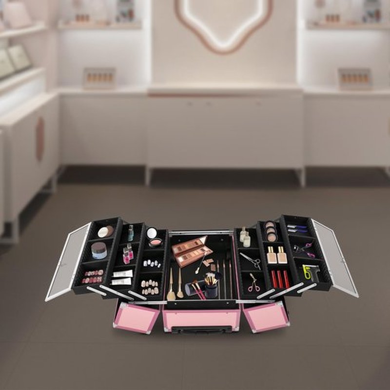 CRYBY Rolling Makeup Case, Multi-Layer Makeup Train Case Makeup Travel Organizer with 6 Trays & 2 Keys, 110.23lbs Capacity Lockable Cosmetic Case Salon Barber Case Makeup Storage Cart (Pink)