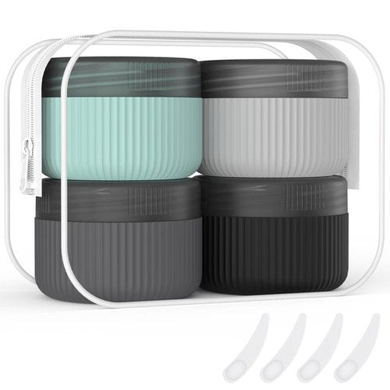 ME.FAN Travel Containers for Toiletries, TSA Approved 1.5 oz Silicone Cream Jars, Leak-proof Travel Size Containers, Travel Accessories for Cosmetic Face Hand Body Cream 4 Pack Black Lid - Grey