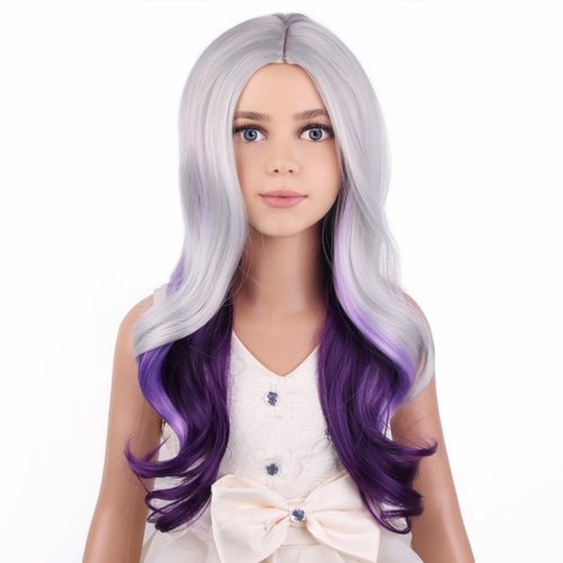 PATTNIUM Long Wavy Silver Gray Wig for Kids Child Gray Mixed Purple Wig Girls Gray Synthetic Wig with Wig Cap
