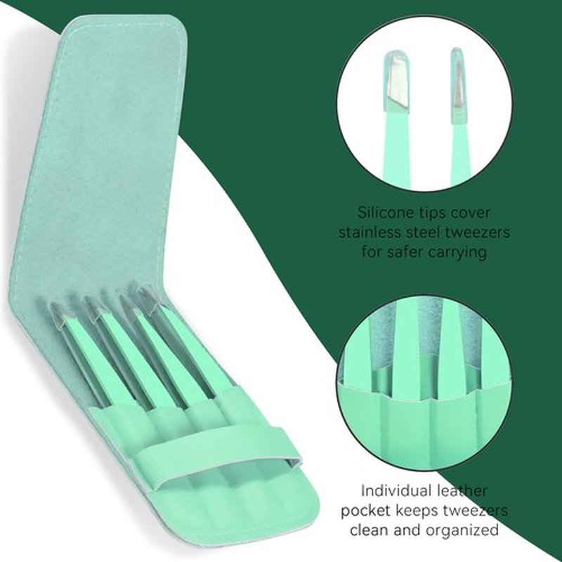 FACEMADE 4 Pack Tweezers Set - Professional Stainless Steel Tweezers for Men and Women, Precision Eyebrow Tweezers for Facial Hair, Chin, and Ingrown Hair Removal (Green)