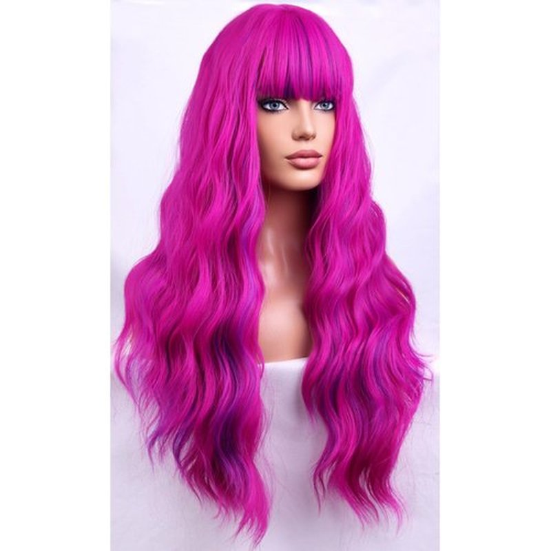 BERON Rose and Purple Long Wigs Curly Wavy Women Pastel Wigs with Bangs Hot Pink Color Heat Resistant Synthetic Wigs for Cosplay or Daily Wigs Wig Cap Included