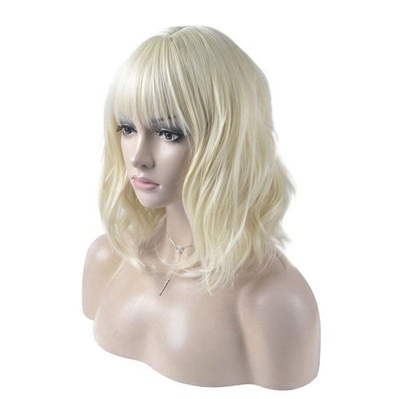 DAOTS 14 Inches Curly Wigs with Bangs for Women Girls Heat Resistant Synthetic Hair Wig (Light Blonde)