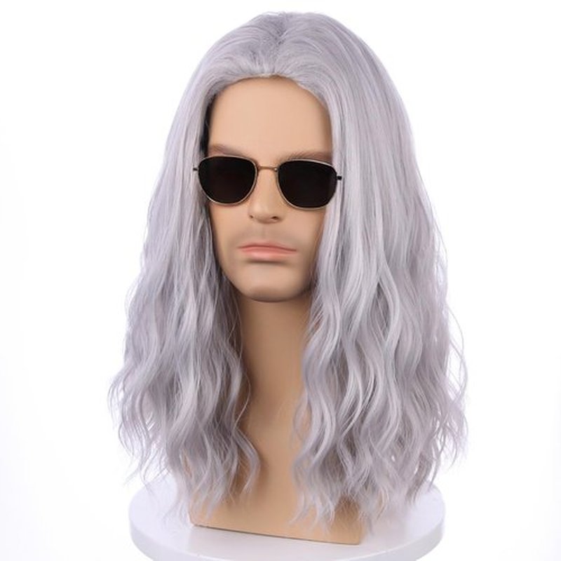 PATTNIUM Men Wig Silver Grey Long Wigs Gray Wavy Cosplay Wig Halloween Curly Hair Party Wig Heat Resistan Synthetic Wig with Wig Cap