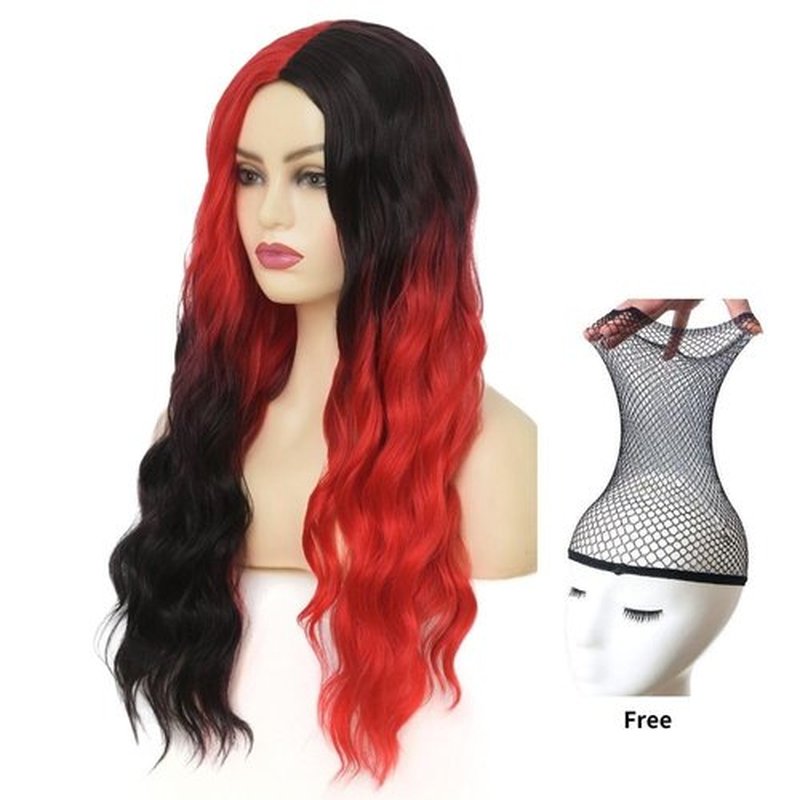 Tseses Red and Black Long Curly Wig for Women 27 Inch Natural Wavy Wig Synthetic Middle Part Halloween Costume Hair Wig