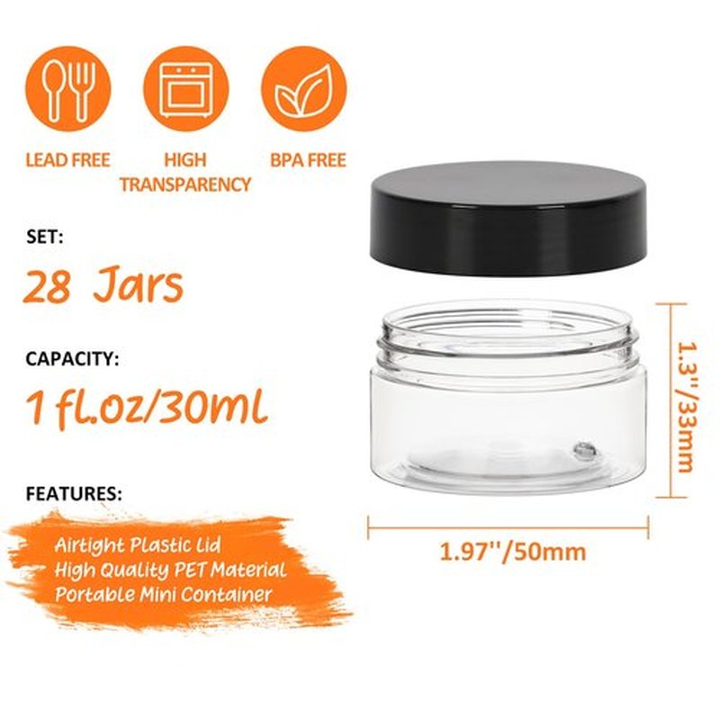 1oz Containers with Lids 28Pack, Jaisie.W 1 oz Plastic Containers with Lids- Clear Refillable Cosmetic Small Plastic Containers with Black Screw Lid for Liquid and Solid Products (1 oz, 28Pack)