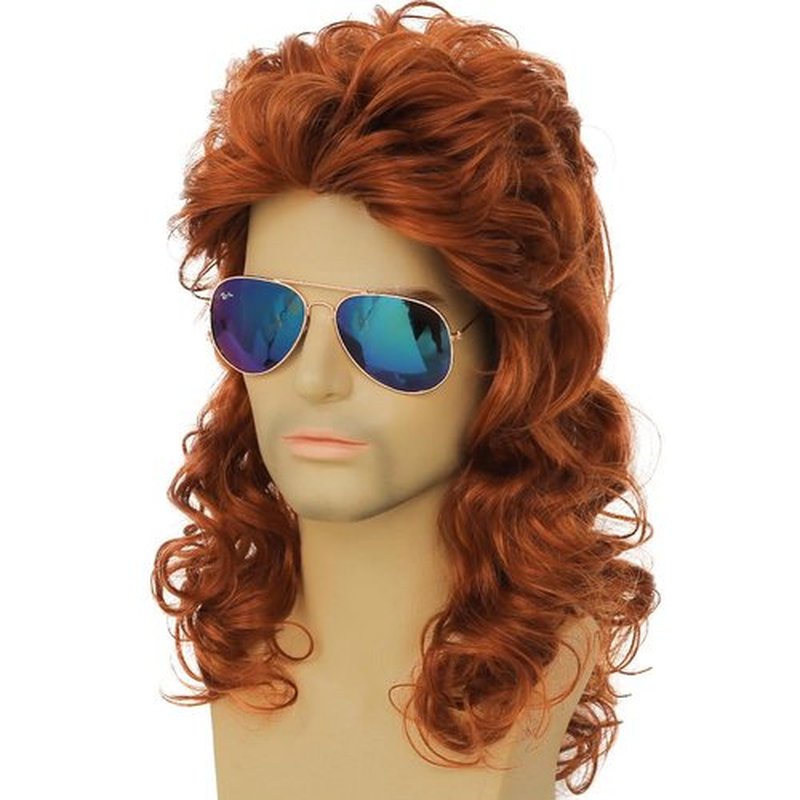 Dai Cloud Mens Orange Mullet Wig Long Curly 80s Rocker Wig Cosplay Halloween Costumes Party Hair Wig for Male Guys(Orange)