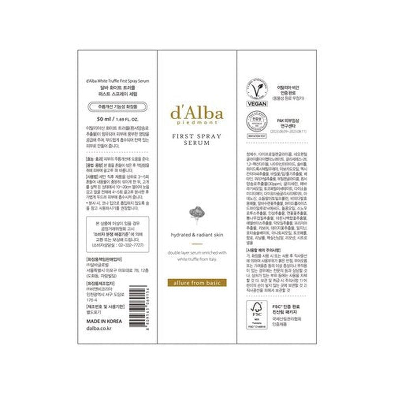 d'alba Piedmont Italian White Truffle First Spray Serum, Vegan Skin Care, Hydrating Face Moisturizer, Glow Serum for Radiant Skin, Non Comedogenic, All In One Mist, Korean Skin Care (1.69 fl oz.)