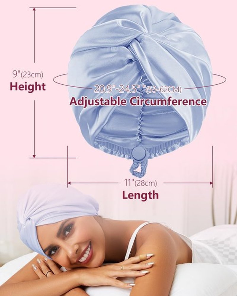 HFRHTGY Adjustable Silk Satin Hair Bonnet for Sleeping, Double Layer Hair Wrap Sleep Cap Turban for Women Men, Curly Straight Hair Long Large Braid Unisex (Misty Sky Blue 88)