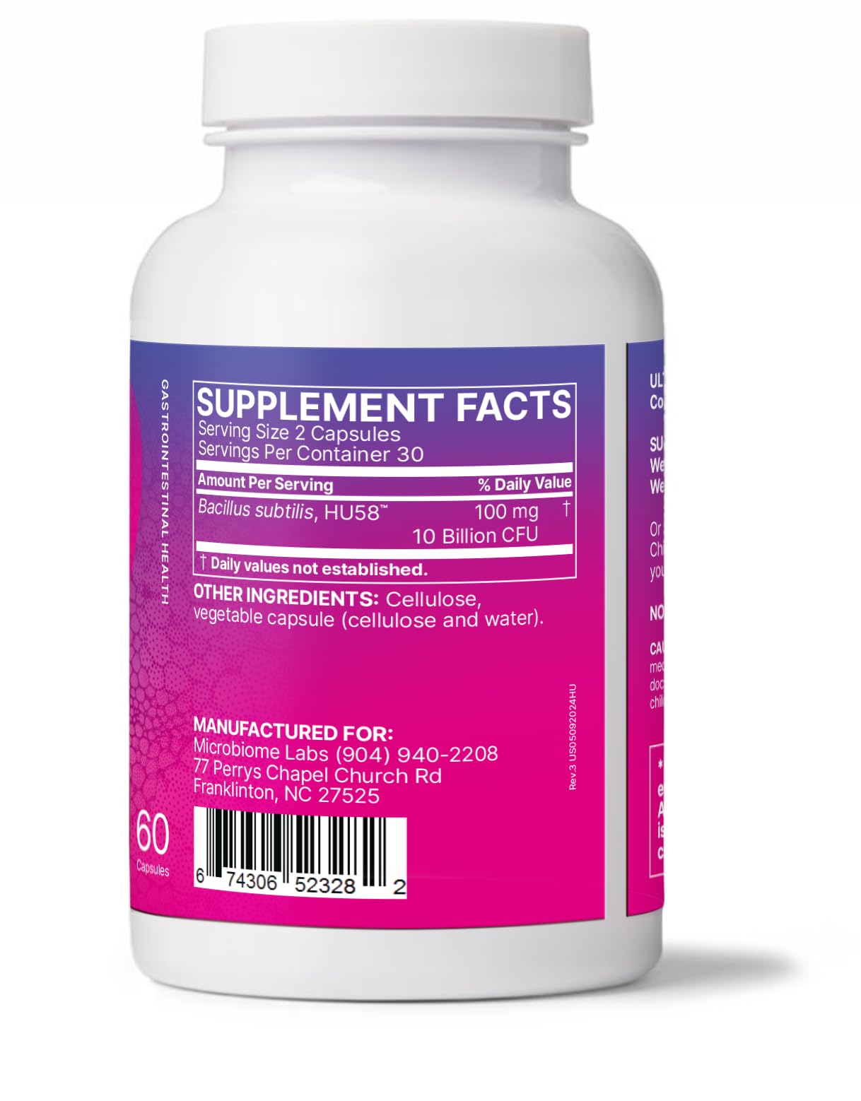 Microbiome Labs HU58 Bacillus Subtilis Probiotics for Women and Men - High Potency Spore Probiotic for Digestive Health & Immune Support - Daily Capsules with 10 Billion CFU (60 Capsules)