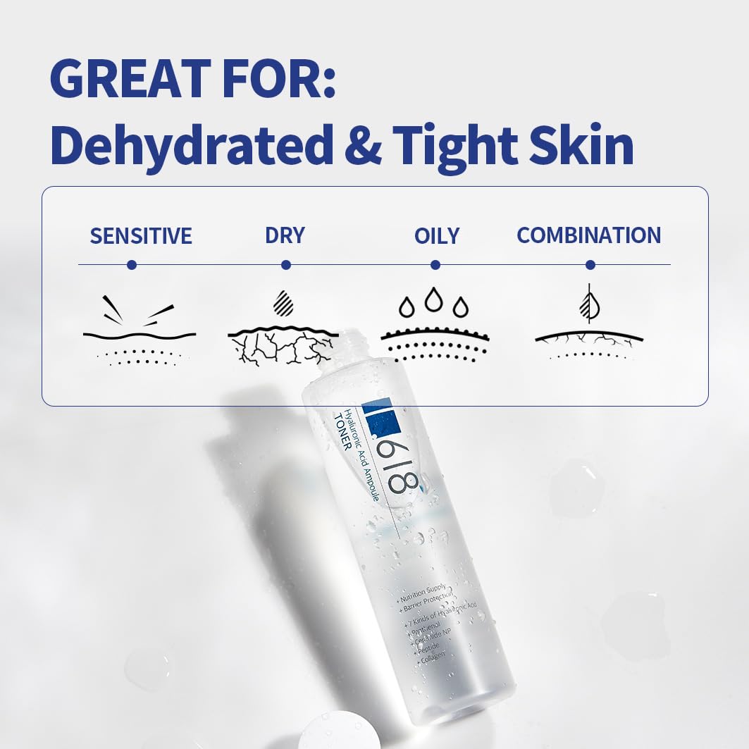 1.618 Hyaluronic Acid Ampoule Toner 6.7 Fl oz, Deep Hydration Toner, Sebum Control, Moisturization, Panthenol, Collagen Complex, Korean Skincare Beauty Face Toner for All Skin Types