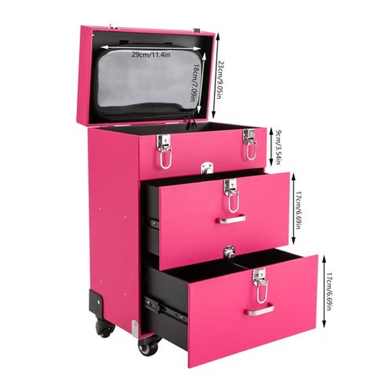 Rolling Makeup Case,Large Cosmetic Trolley with Locks, Professional Rolling Makeup Trolley with with dividers,Large Storage Cosmetic Trolley for Make-Up Artists Hairdressers Nail Technicians (Pink)
