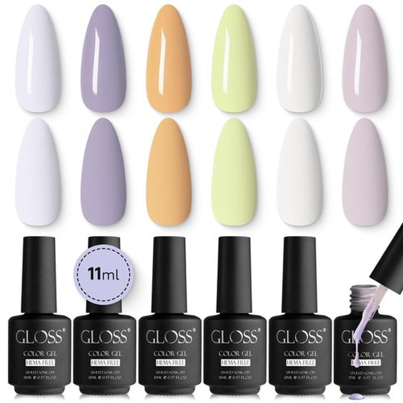 GLOSS Pastel Gel Nail Polish Set | 6 Pcs HEMA Free Gel Polish with White, Light Grey, Grey, Butter, Light Yellow, Milky White, UV LED Gel Polish, Soak off Home Manicure Salon Gifts for Women