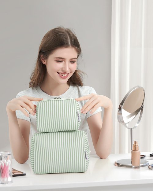 Narwey Cute Makeup Bag Travel Cosmetic Bag Organizer Toiletry Bag Make Up Bags with Compartments for Women (Large, Mint Green Stripe)