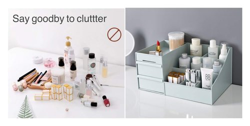 Simbuy Makeup Desk Organizer With Drawers —Countertop Bathroom Skincare Organizer for Cosmetics, Vanity Holder for Lipstick, Brushes, Lotions, Eyeshadow, Nail Polish and Jewelry-Blue
