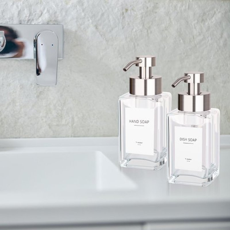 Foaming Soap Dispenser with Stainless Steel Pump, 12oz Refillable Glass Liquid Dish Soap Bottles for Bathroom, Kitchen Sink, Home Decor, 2 Pack