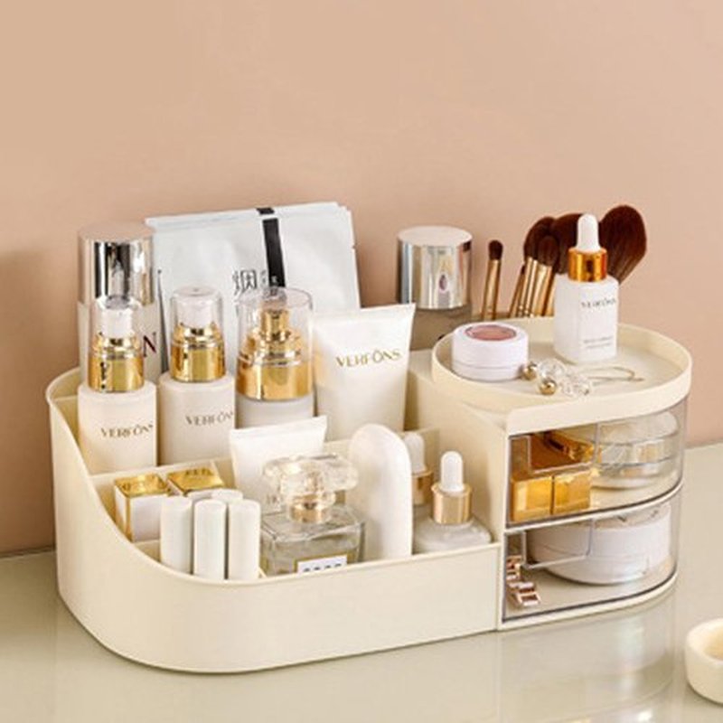 skin care organizer,Makeup Desk Organizer With Drawers,Countertop Organizer for Cosmetics,Vanity brush with Holder for Lipstick, Brushes, Eyeshadow, and Desktop Finishing Dresser (D-polar white)