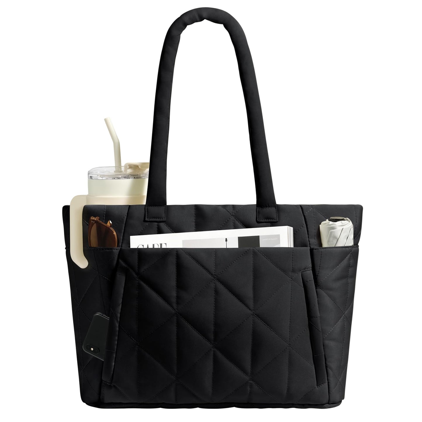 CHUNLI Laptop Tote Bag for Women 15.6 Inch, Quilted Work Shoulder Bag with Multiple Pockets & Luggage Strap for Office Travel