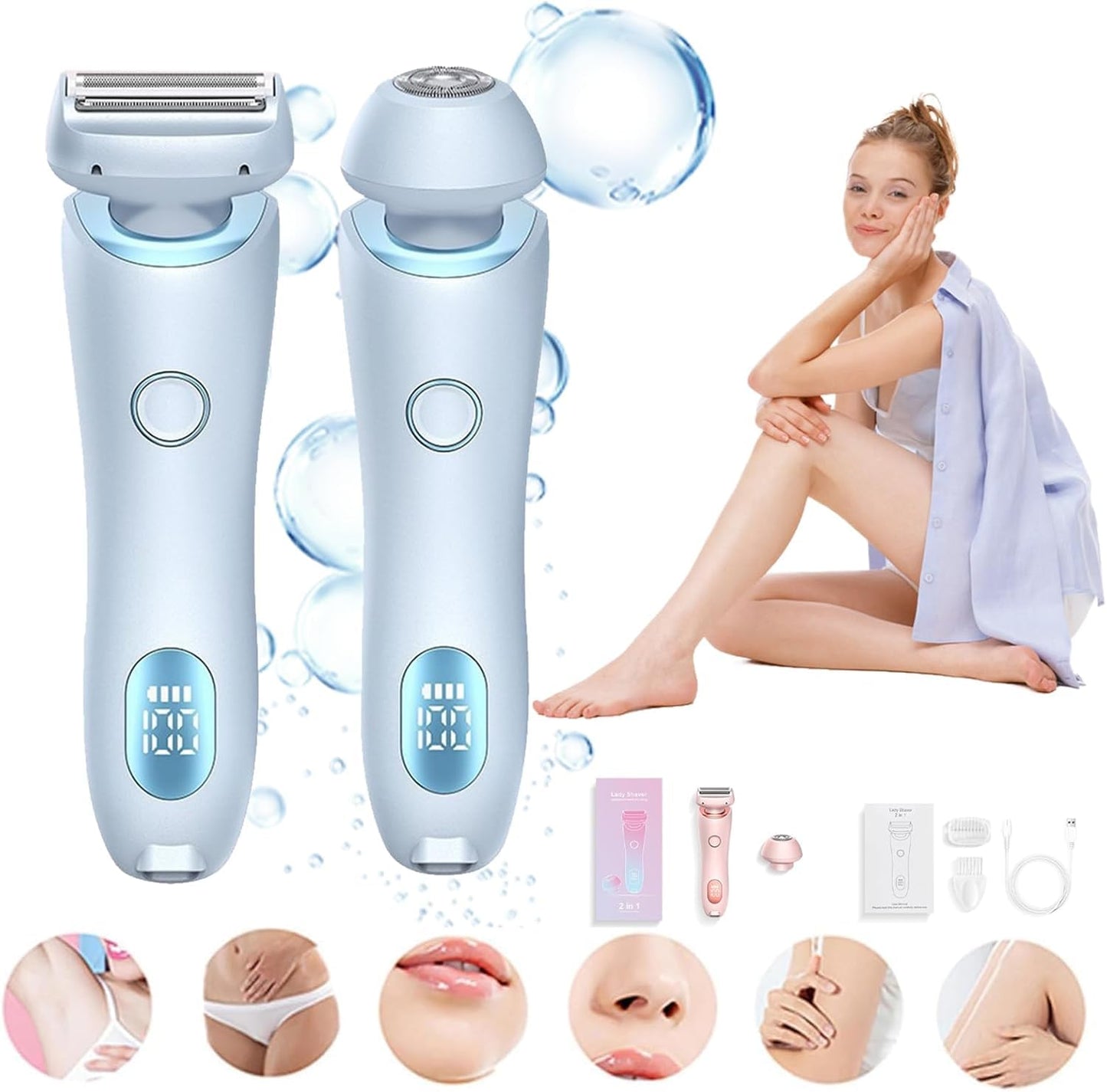 The Glide Pro 3.0 Razor, Razor for Women, 2 in 1 Wet & Dry Electric Waterproof Razor, Painless Hair Removal Removable Head for Bikini Leg Arm Underarm Area (Blue)