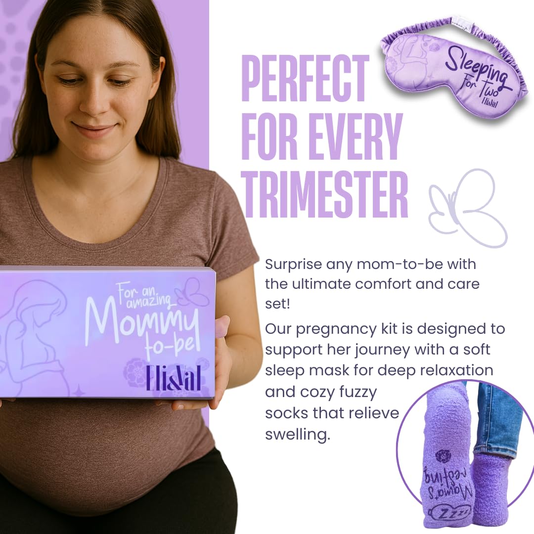 Eli & Val Mommy to Be Pregnancy Care Package – Soft Cotton Blend Maternity Sleep Mask with Elastic Closure and Fuzzy Socks Set, Purple