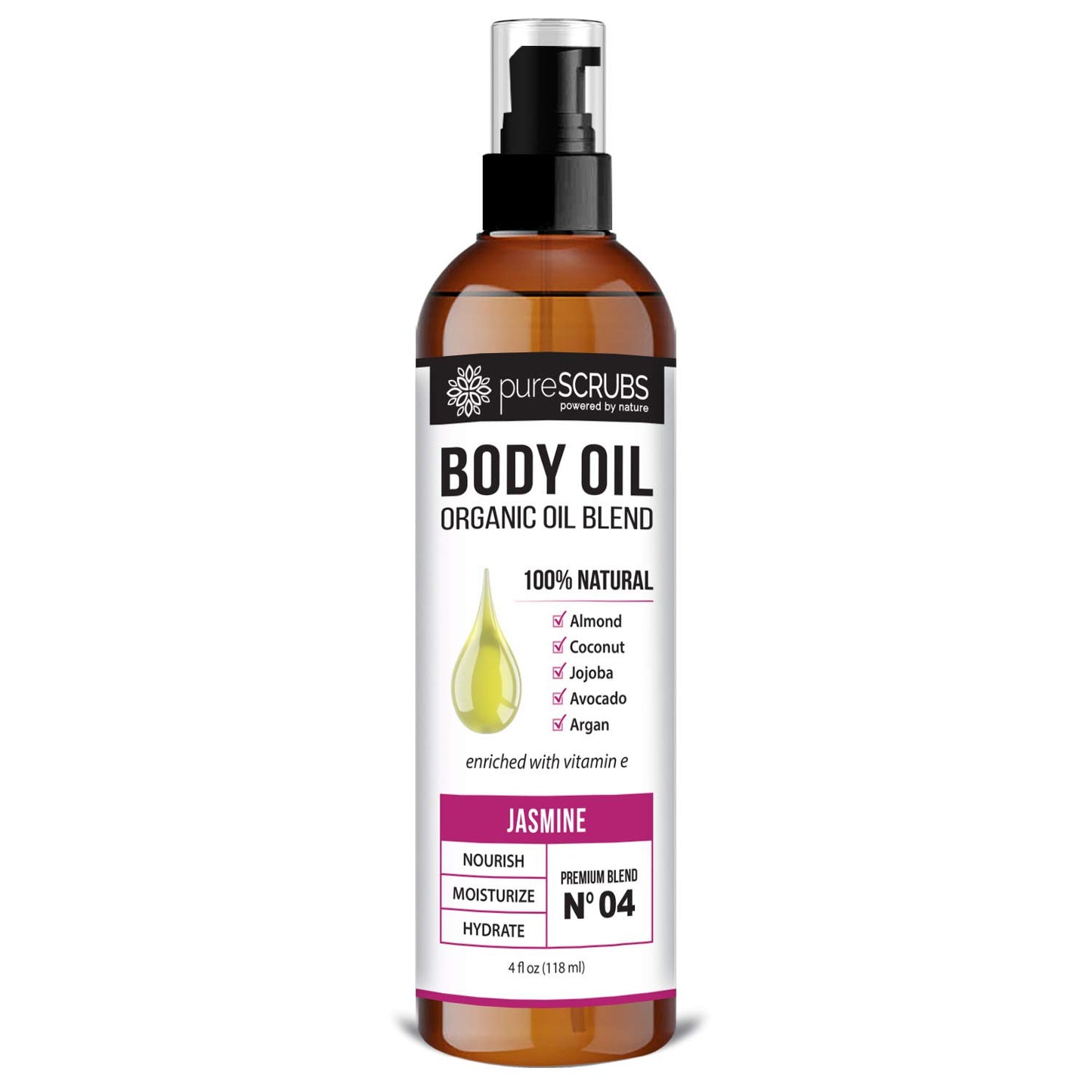 pureSCRUBS Ultra Moisturizing Jasmine Body Oil for Dry Skin, Lightweight Full Body Moisturizer for Soft, Silky Skin, Massage & Cuticle Oil, Vitamin E Enriched, 4 oz