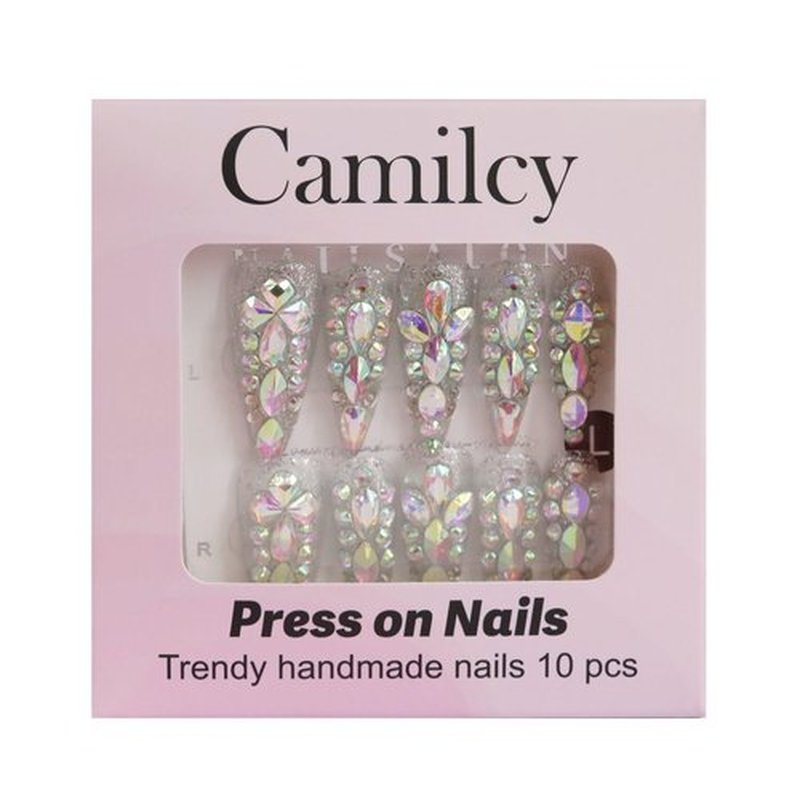 CAMILCY Handmade Nails Press on Almond Nail Pointed Silvery Full Diamond Crystal Glitter Design Hand painted Reusable Gel UV Finished Pre shaped False Nails for Women 10pcs 3D Handmade Nails (A033, L)