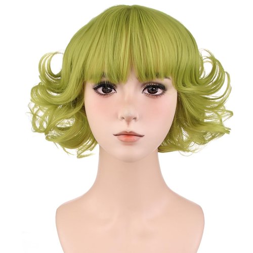 MAGQOO Green Wig with Bangs Women Girls Short Curly Wavy Fluffy Matcha Green Wig Halloween Cosplay Costume Party Wig