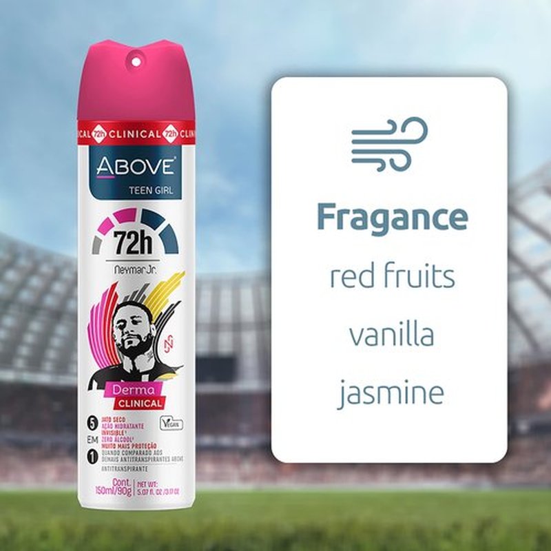 ABOVE 72 Hours Derma Clinical Antiperspirant Deodorant, Neymar Jr Teen Girl, 4 Pcs - Deodorant for Teens - Red Fruits and Vanilla Notes - Dry Spray