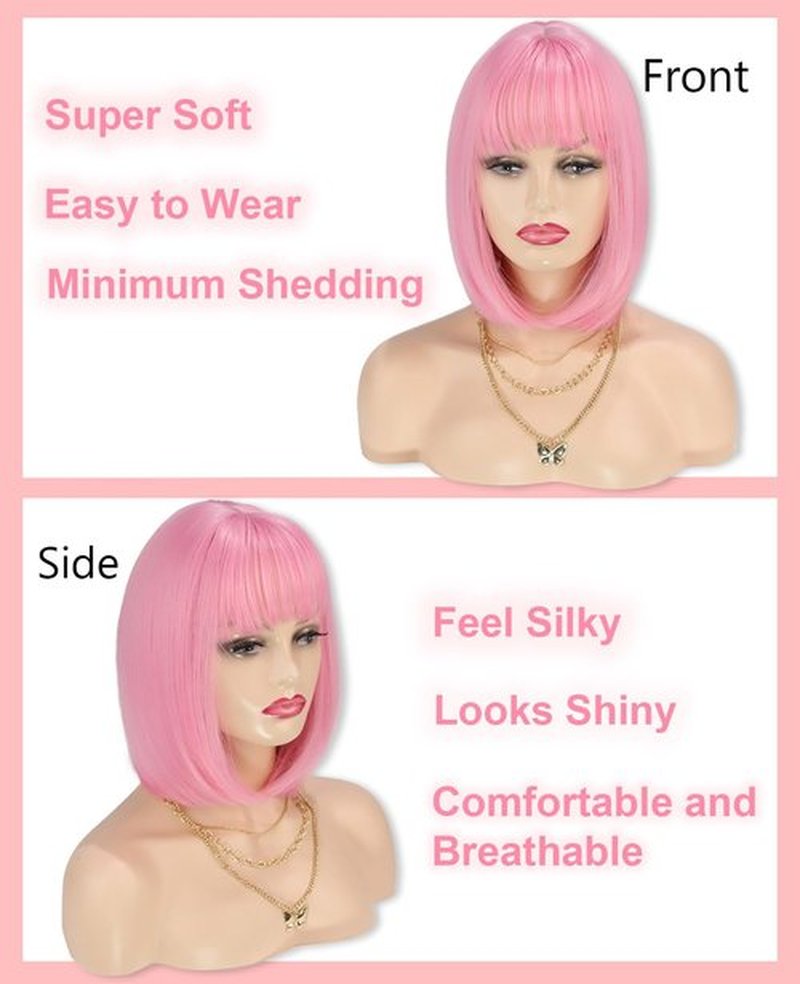 MaxlaceWig Pink Bob Wig with Bangs for Women, 12 Inch Straight Short Synthetic Pink Bob Wigs, Natural Looking Heat Resistant Fiber Bob Wig, Costume Halloween Wigs for Women