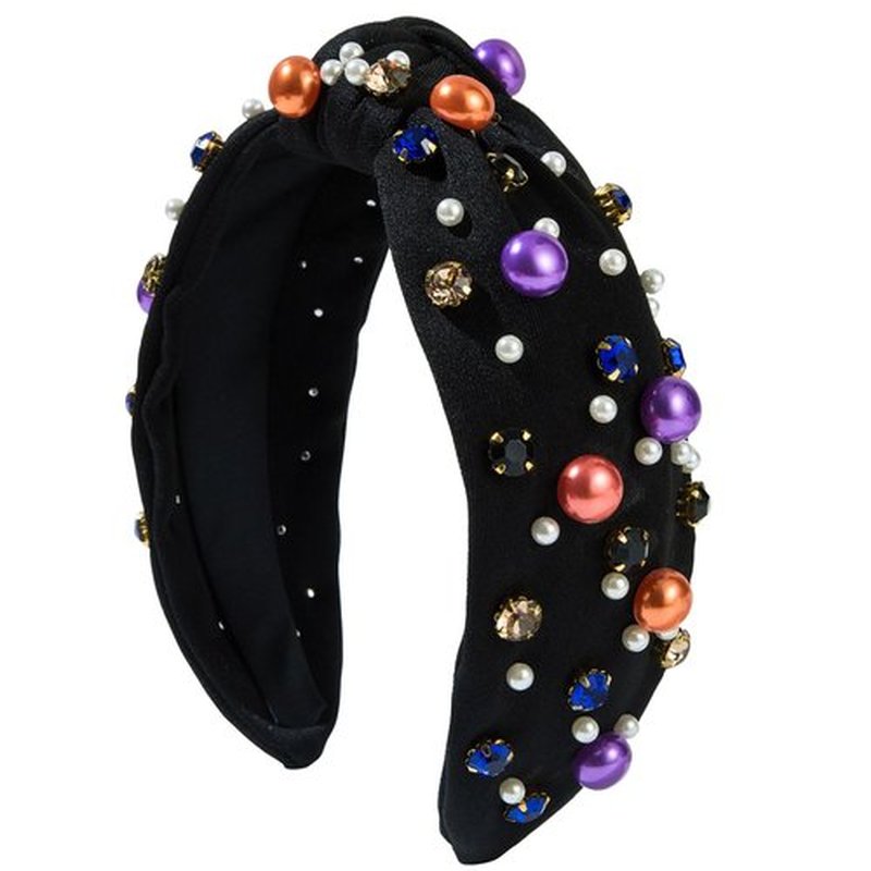 Mdscve Halloween Head Bands for Women's Hair Knotted Headband With Pearl Rhinestone Hair Bands for Women's Hair Non Slip Wide Top Girls Headbands Crystal Beaded Headwear Halloween Accessories (Black)