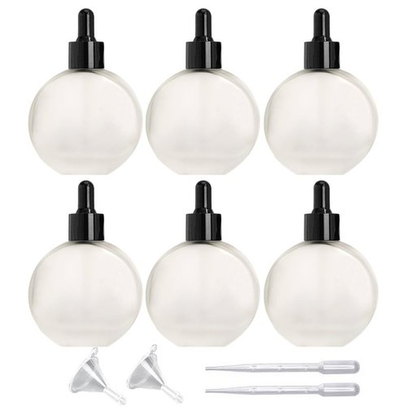PYAWI 6Pcs, 2 oz Glass Dropper Bottles for Essential Oils ，60ml Frosted Glass Dropper Bottles Flat Round Perfume Bottle， for Essential Oils, Perfumes, Serums - Leakproof for Travel (A- Clear Frosted)