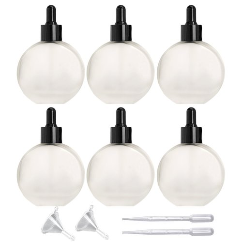 PYAWI 6Pcs, 2 oz Glass Dropper Bottles for Essential Oils ，60ml Frosted Glass Dropper Bottles Flat Round Perfume Bottle， for Essential Oils, Perfumes, Serums - Leakproof for Travel (A- Clear Frosted)
